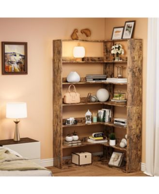 6-Tier L-Shaped Corner Bookshelf, Anti-fall Baffle Design Minimalist Engineered Wood Storage Shelf for Home