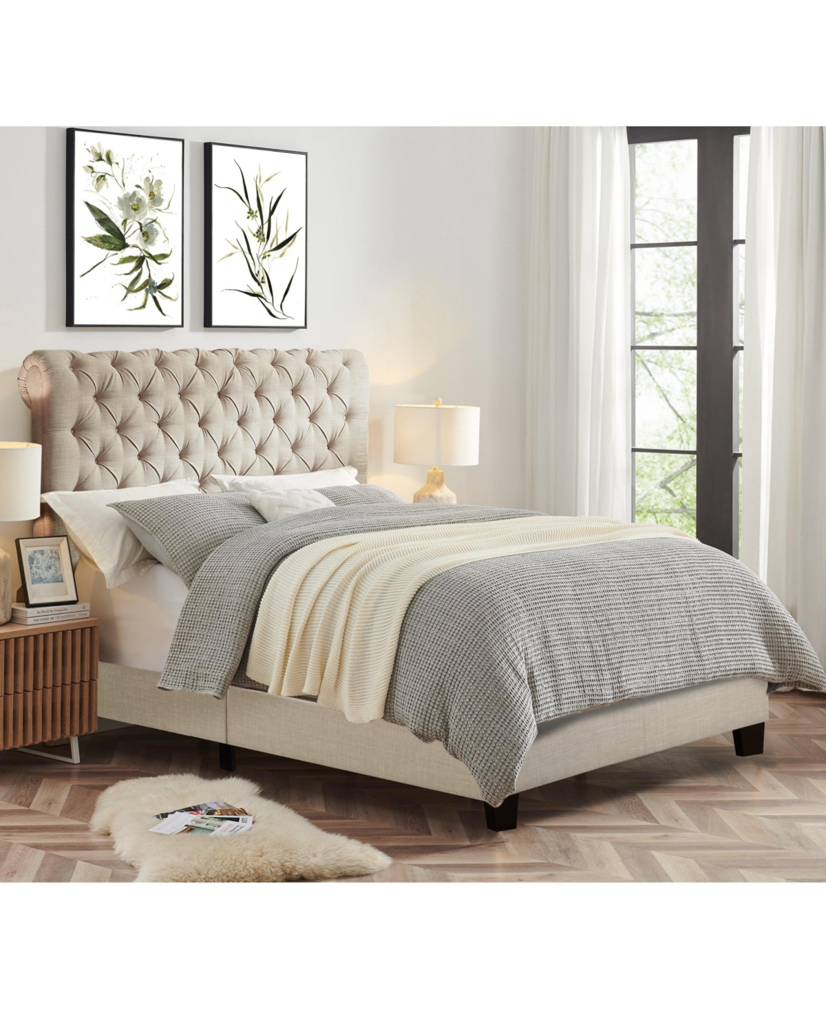 Boyel Living Luxury Upholstered Bed Frame with Tufted Headboard Platform Bed with Solid Wood Frame