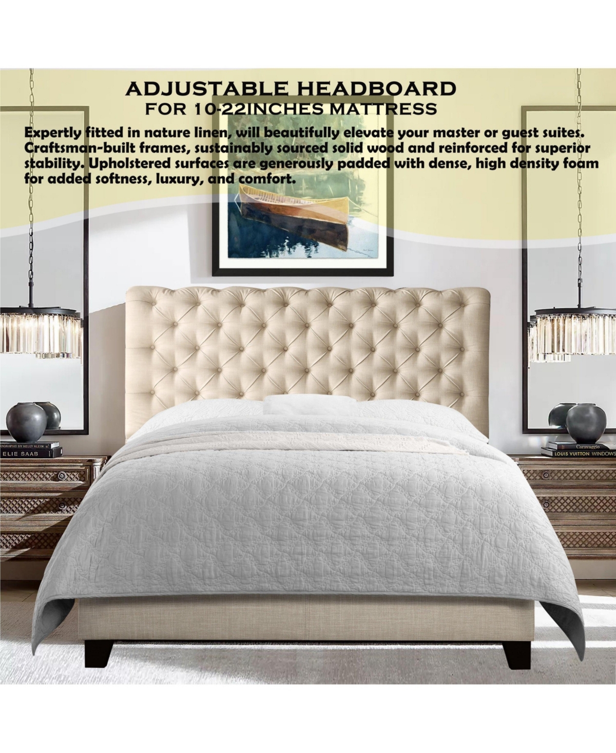 Boyel Living Luxury Upholstered Bed Frame with Tufted Headboard Platform Bed with Solid Wood Frame