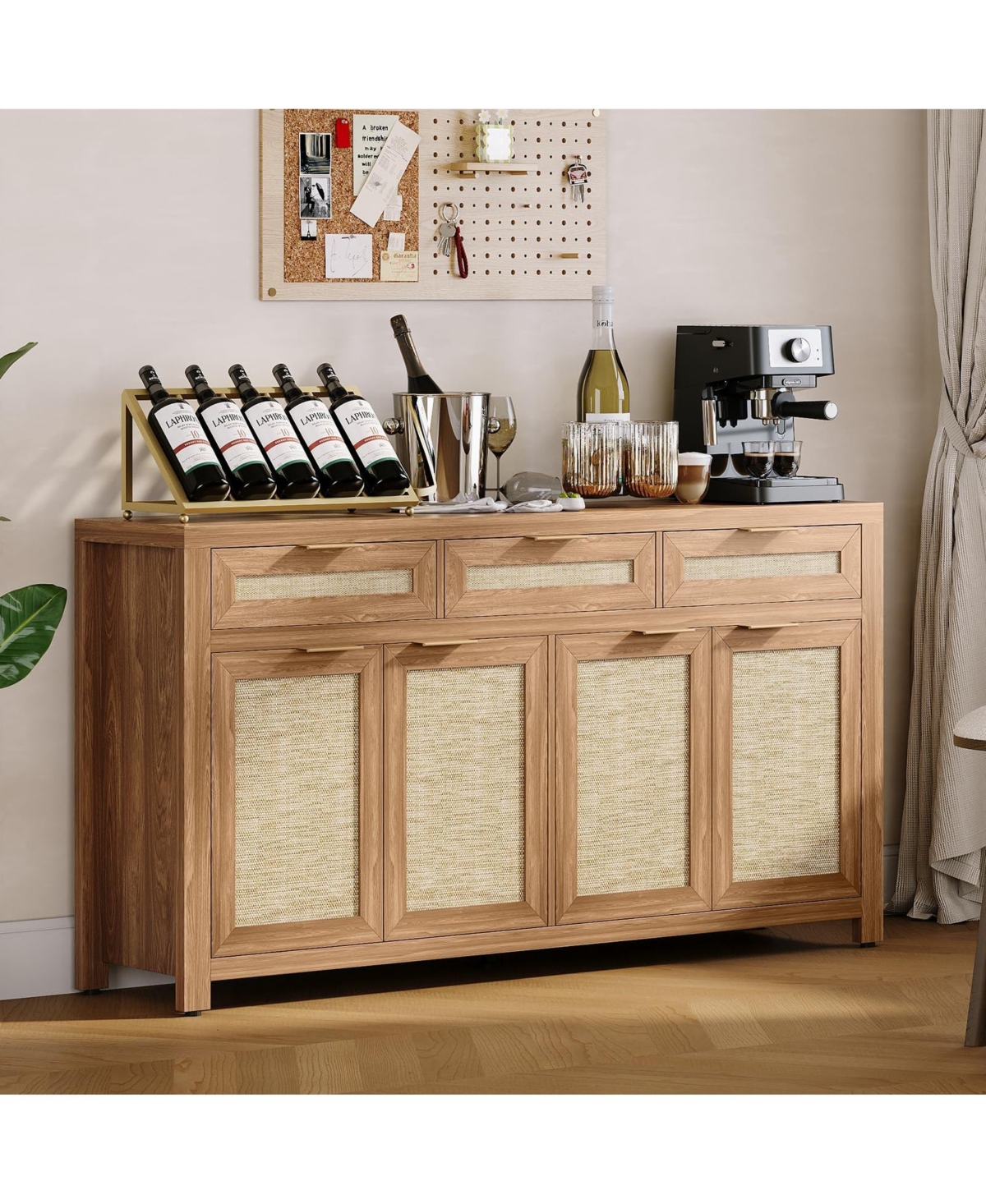 homfan 63 Inch Farmhouse Rattan Sideboard Credenza, Storage Buffet with 3 Drawers, 4 Doors and Adjustable Shelves for Home Organization