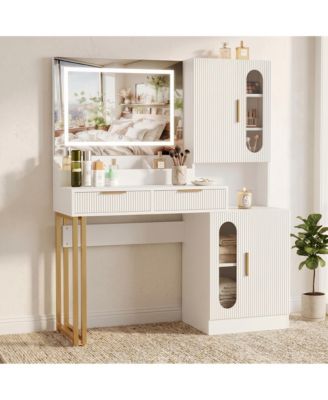 Modern Fluted Vanity Desk with LED Mirror, Charging Station, 2 Drawers and 2 Cabinets, Spacious Wooden Makeup Table for Bedroom or Dorm
