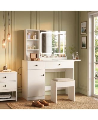 Elegant Makeup Vanity Set with LED Mirror, Power Outlet, Drawers, Cabinet, Shelves and Stool, Dressing with Ample Storage for Dorm Home