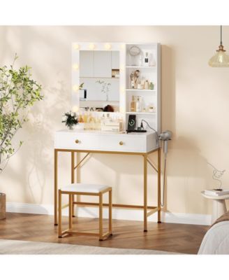 Modern Vanity Desk with LED Mirror and Charging Station, 2 Large Drawers, 3 Adjustable Lighting Modes, Open Shelves, Chair, Bedroom