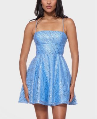 Juniors' Straight Neck Sequin Empire Waist Glitter Dress