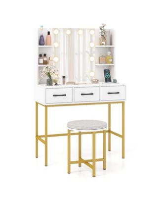LED Lighted Makeup Vanity Desk with Mirror and Cushioned Stool