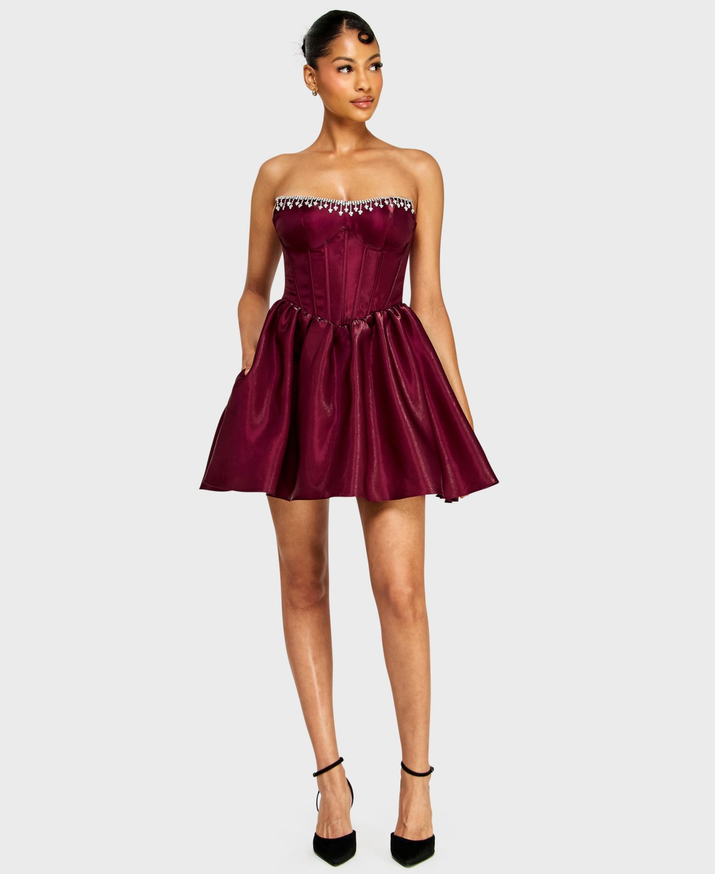 Женское платье Alex & Sophia Juniors' Strapless Corset Bodice Dress with Draped Jewels at Top Trim, цвет: Винный — фото 2