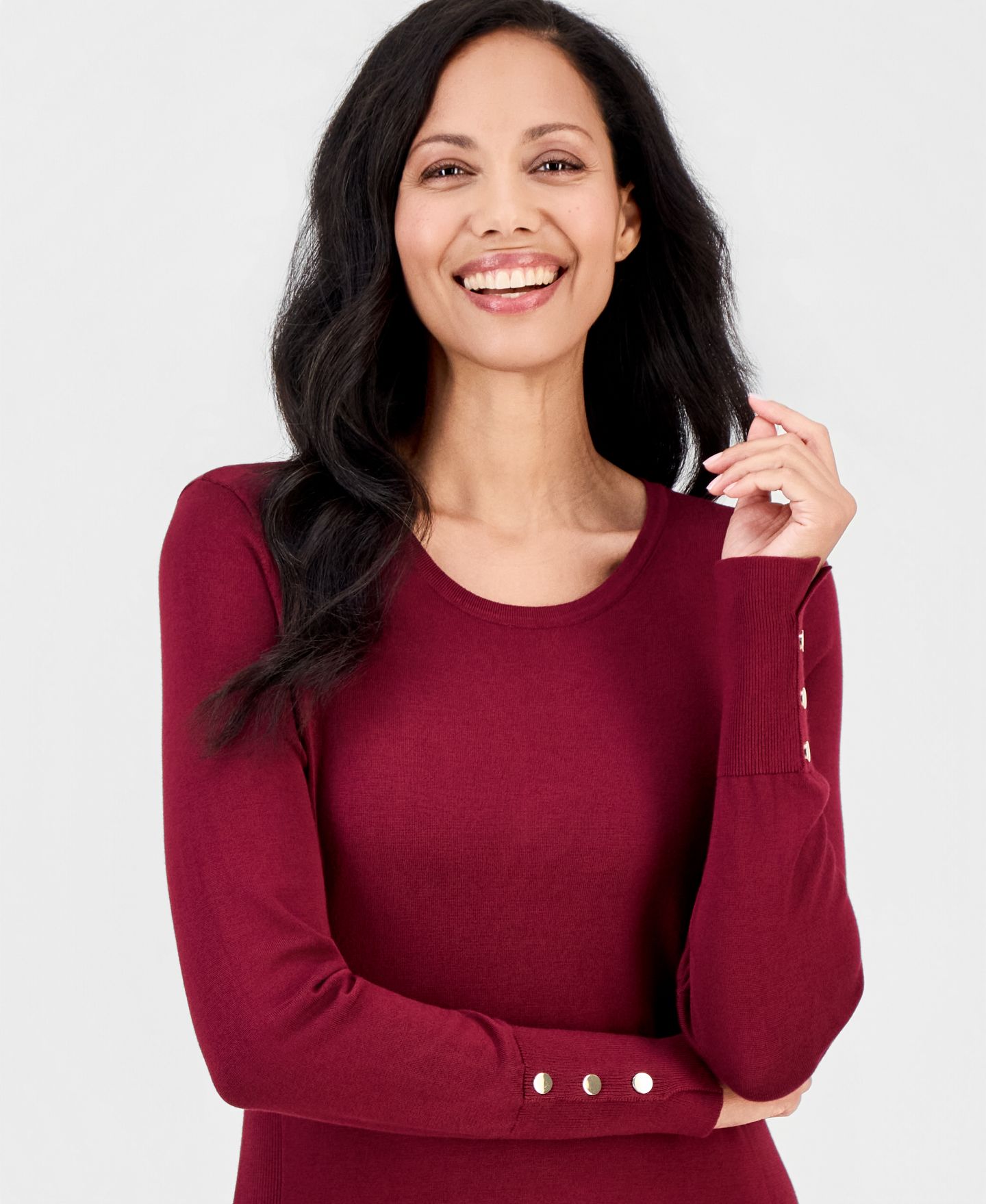 Женский свитер JM Collection Petite Button-Sleeve Crewneck, цвет: Вишнёвый — фото 2