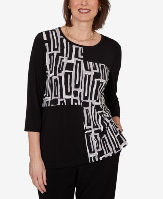 Women's Spliced Geometric Puff Print Top