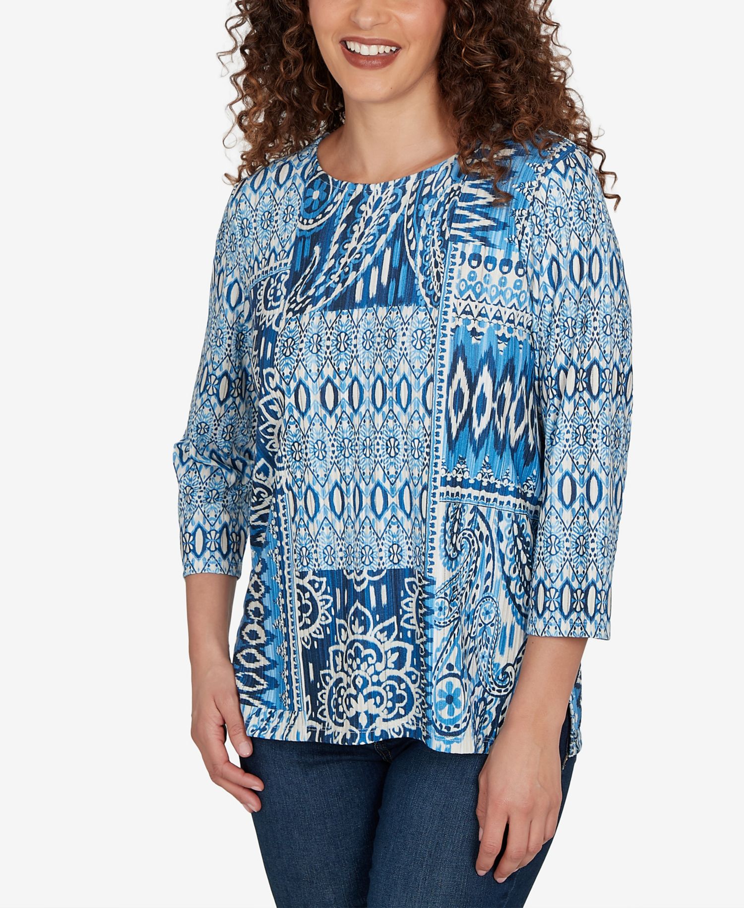 Women's Medallion Navy Patchwork Knit Top