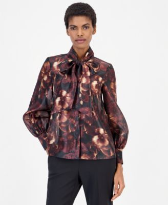 Women's Bow Neck Long Sleeve Floral Blouse