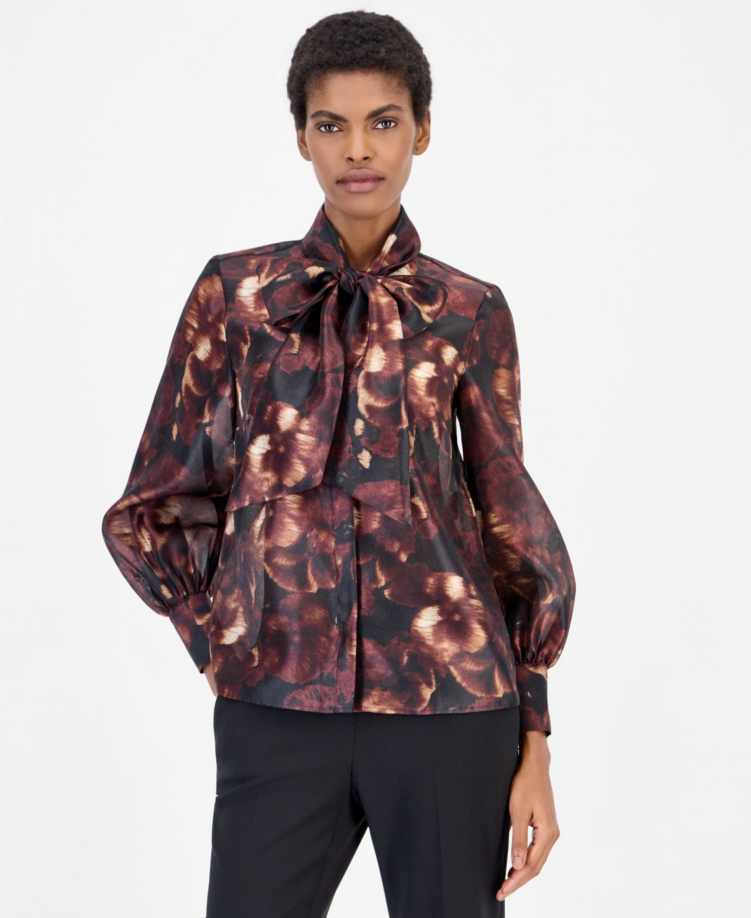 Women's Bow Neck Long Sleeve Floral Blouse