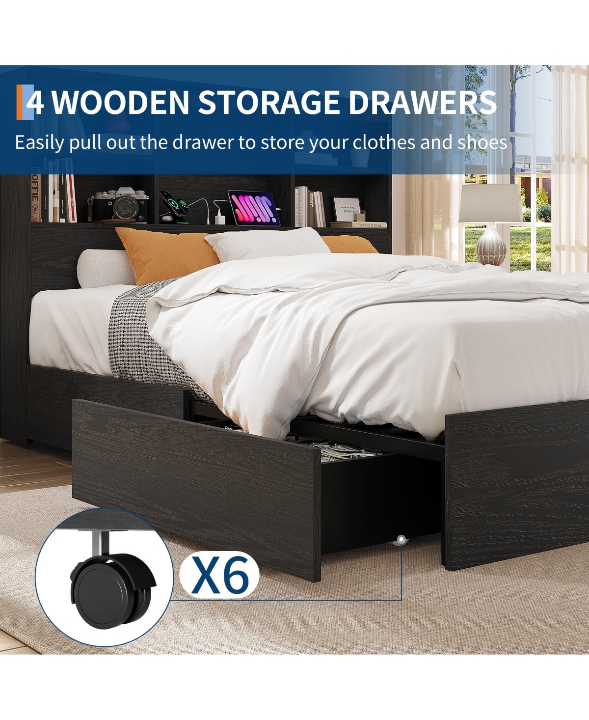 homfan Wood Bed Frame with Bookcase Headboard, 4 Storage Drawers, Built-in Charging Station, Metal Platform, Noise-Free