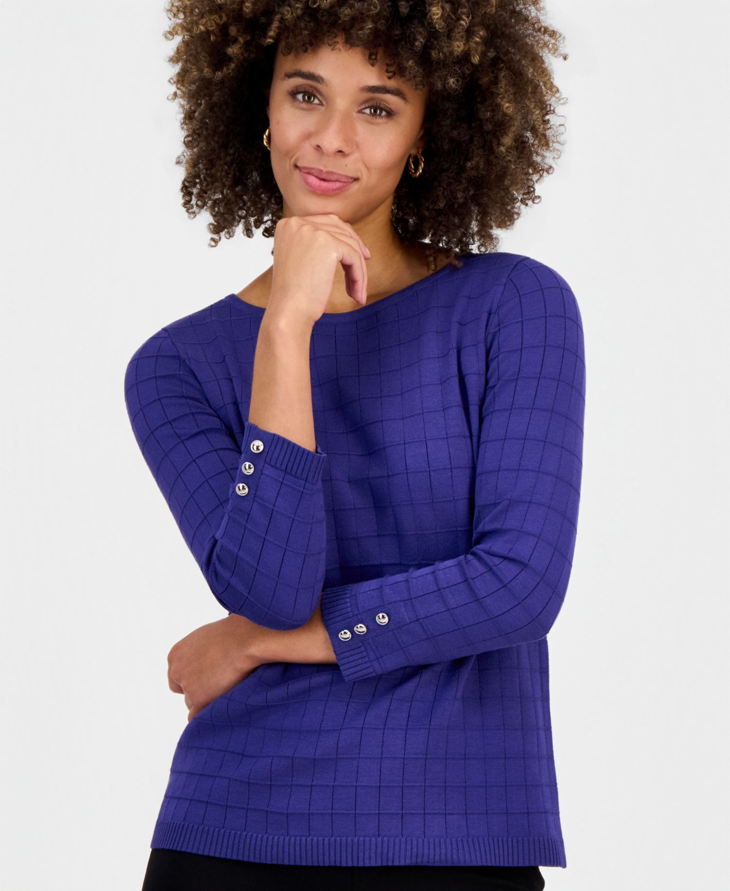 Women's Textured Boat-Neck 3/4-Sleeve Sweater