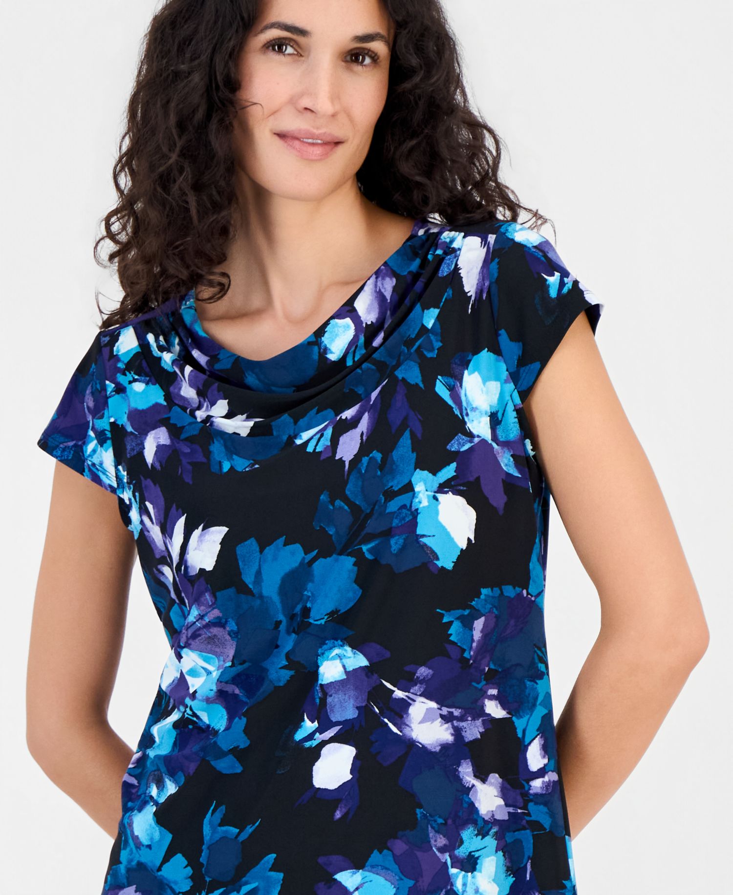 Women's Printed Cowl-Neck Cap-Sleeve Blouse