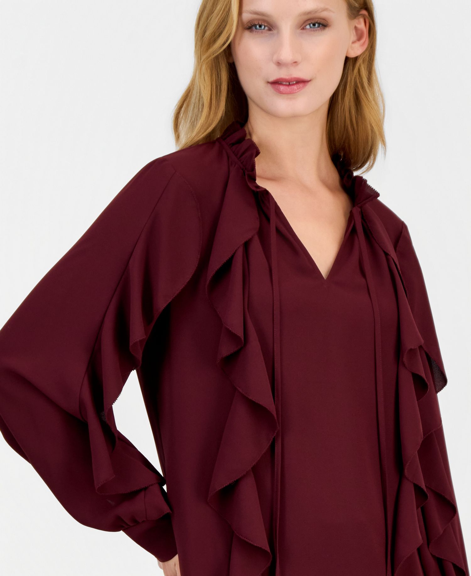 Petite Long-Sleeve Keyhole-Neck Ruffle Blouse