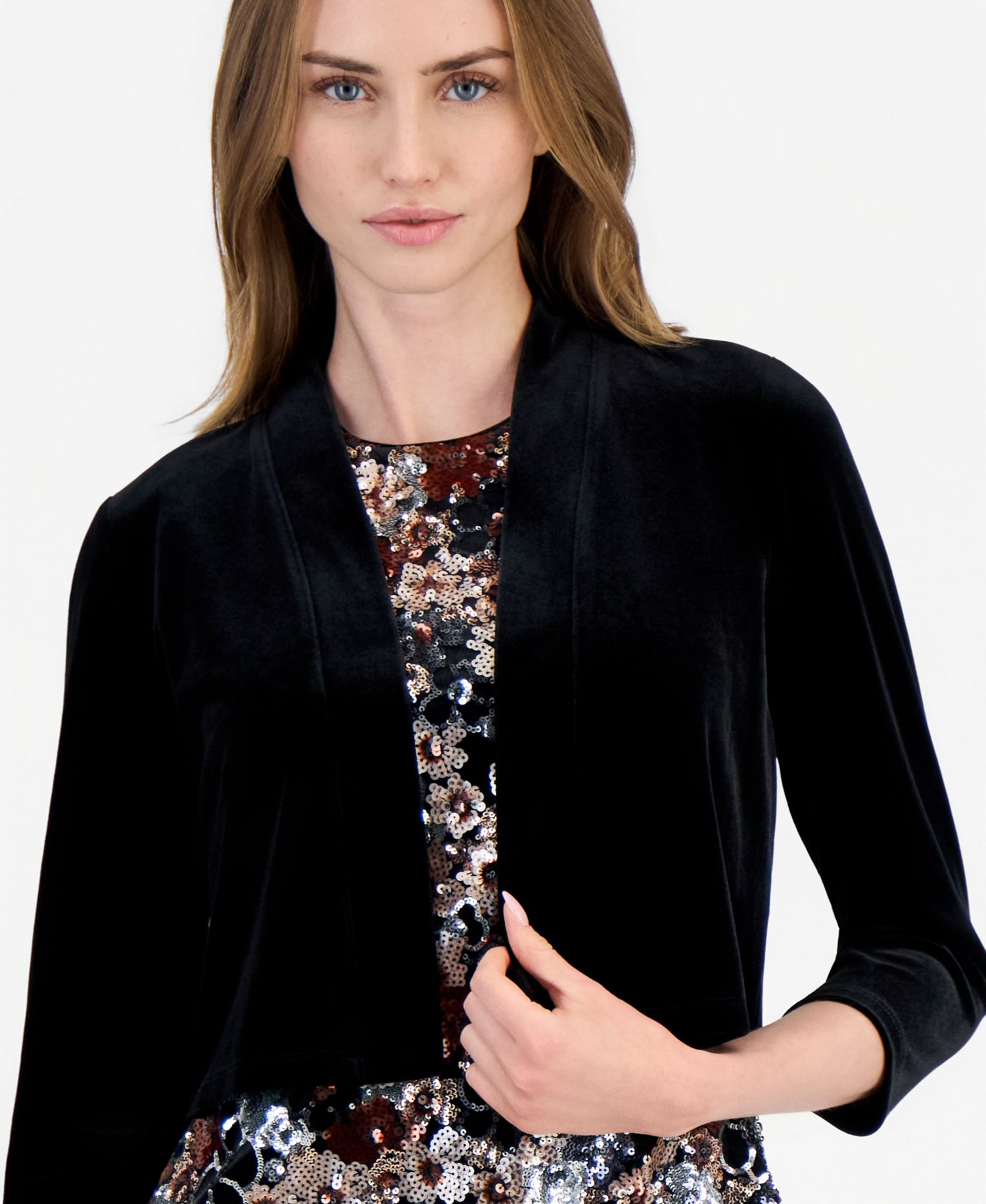 Petite Open Front Velvet 3/4-Sleeve Bolero