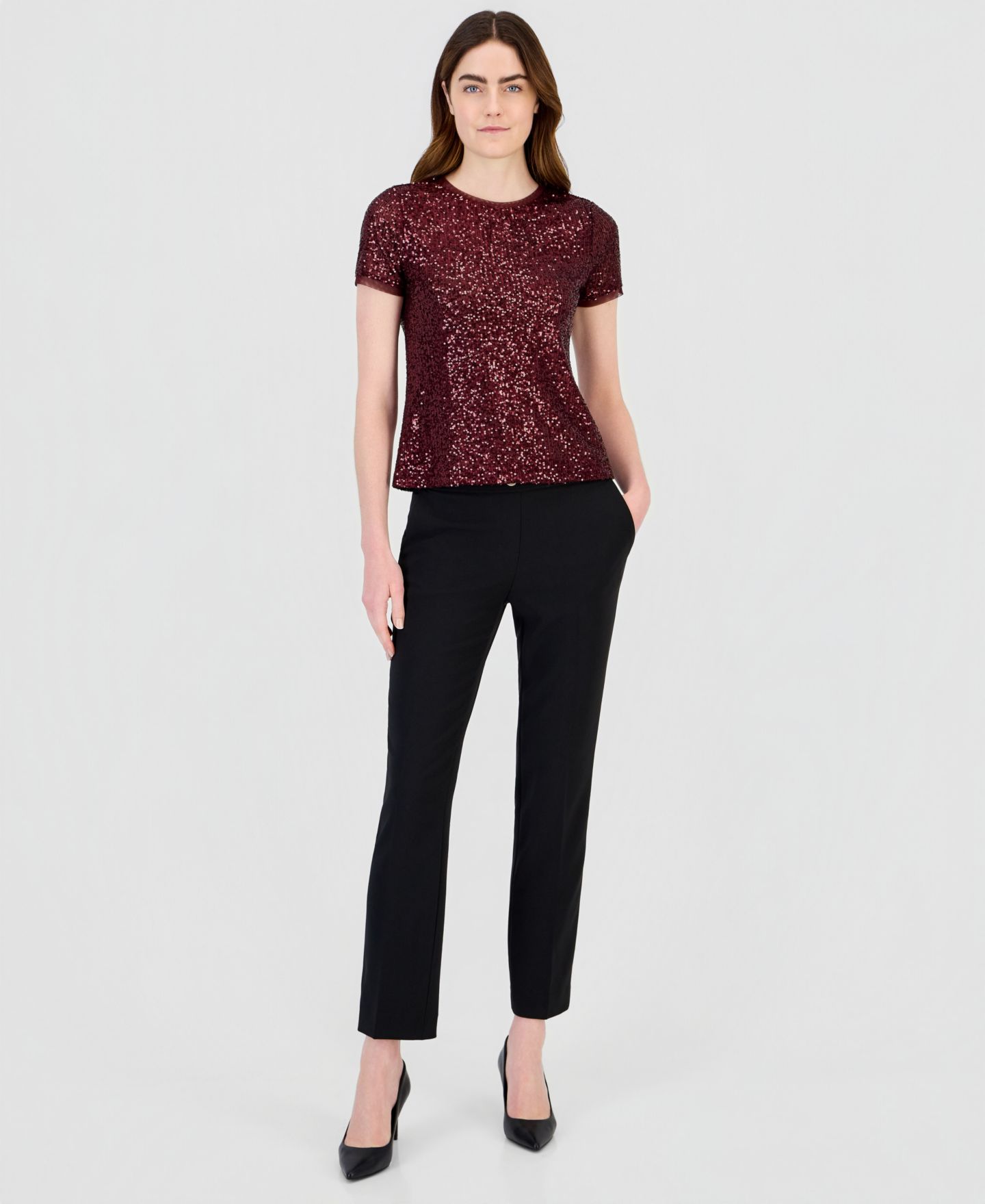 Женский свитшот Anne Klein с круглым вырезом, пайетками и коротким рукавом, цвет: Barolo — фото 3