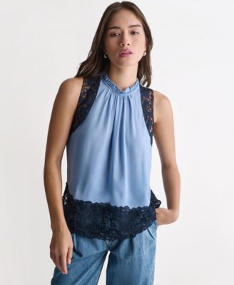 Women's High-Neck Sleeveless Lace Combo Woven Top