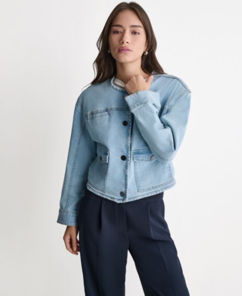 Женские куртки BCBG Boxy Crewneck Button-Front Denim Jacket