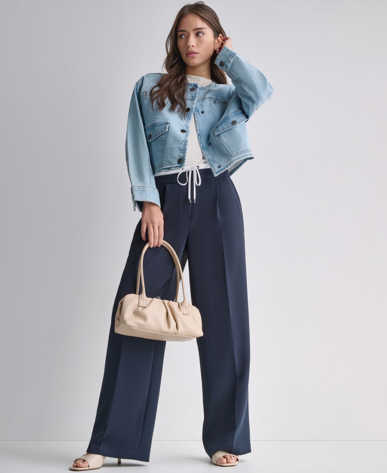 Women's Wide-Leg Contrast Waist Pleated Front Pants