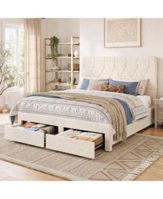 Bed Frame with 2 Drawers, Velvet Upholstered Platform Bed with Wooden Slats for Bedroom, No Box Spring Needed, Easy Assembly