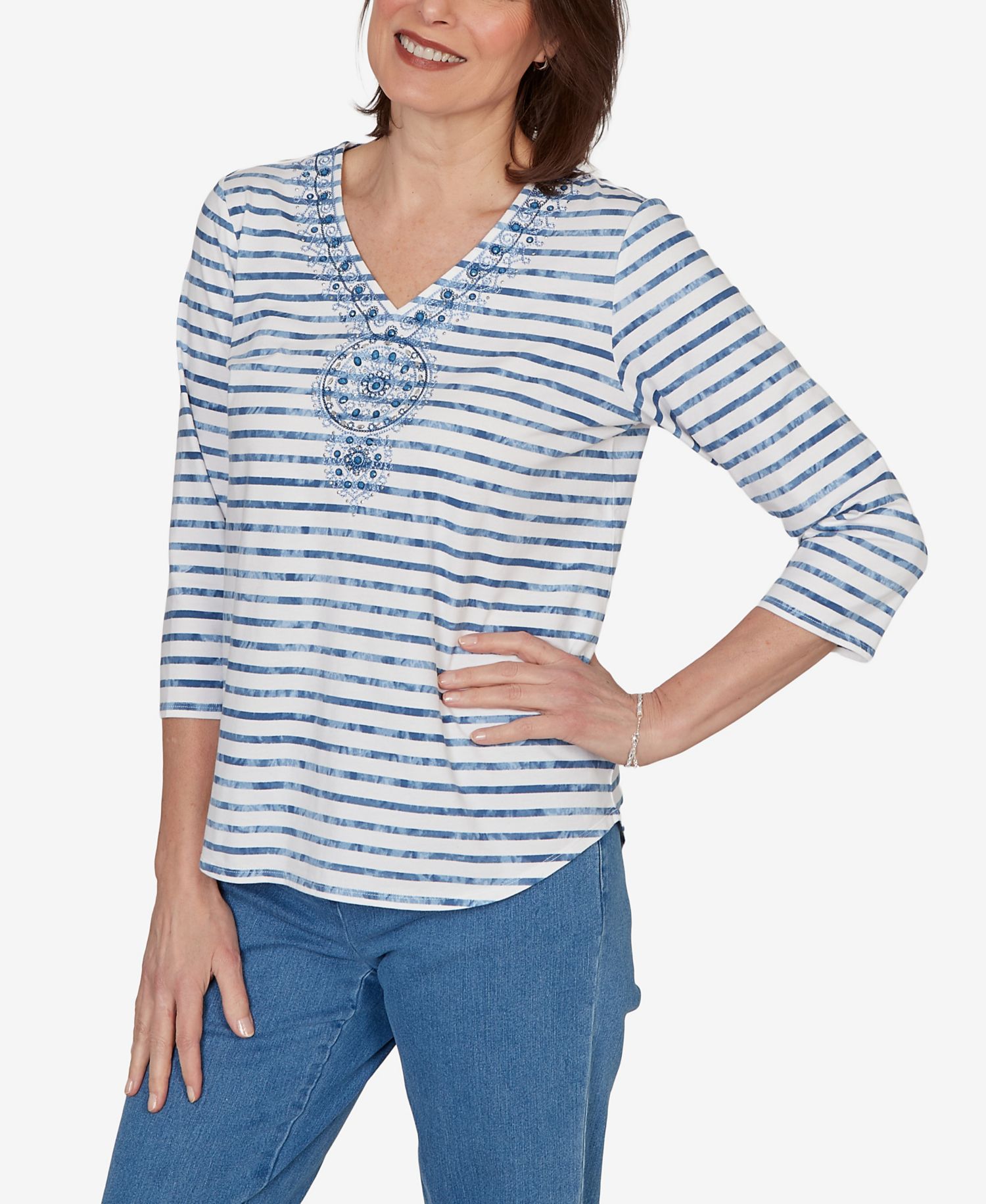 Petite Medallion Embroidered Stripe Top