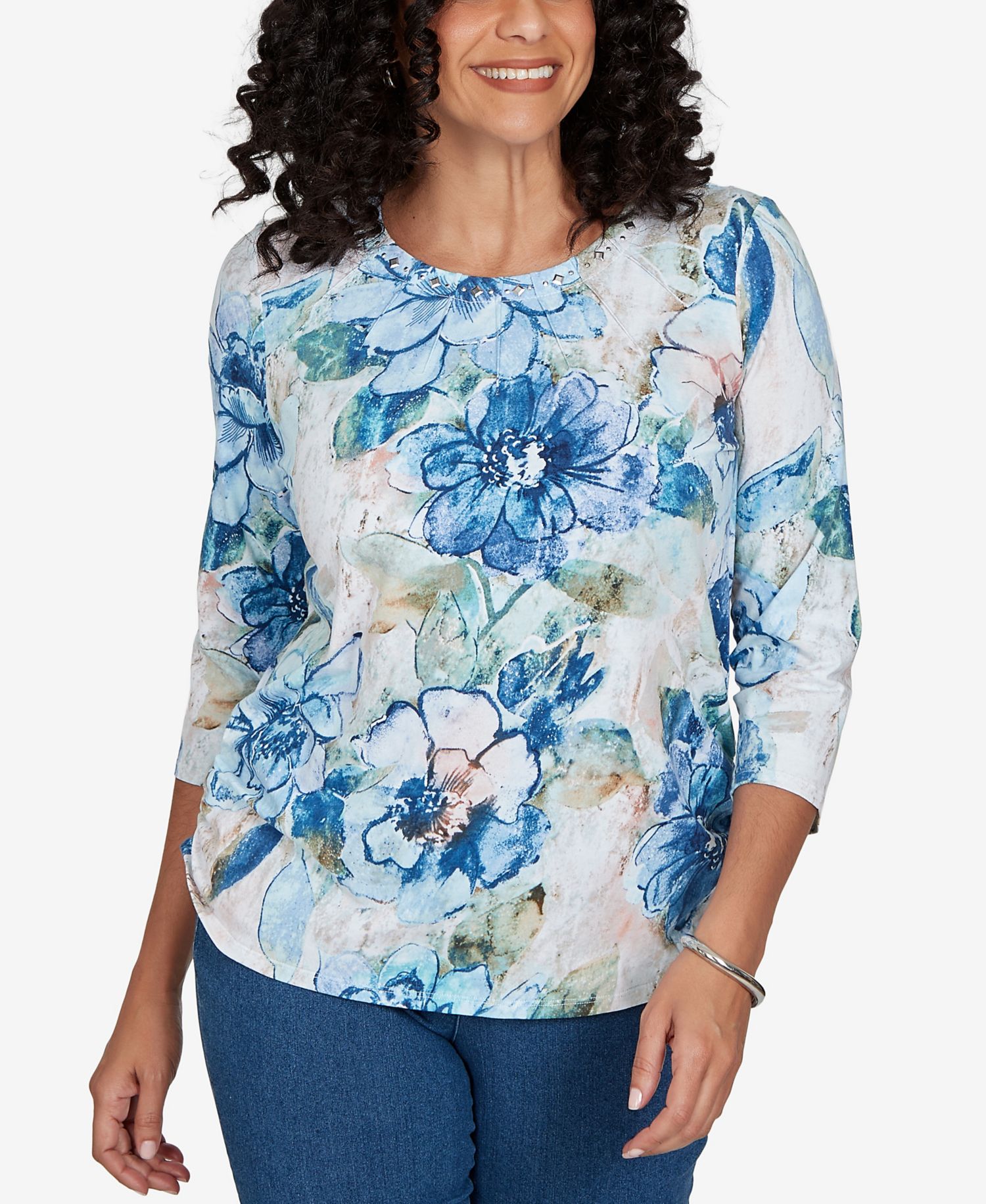 Petite Etched Floral Ruched Sides Top