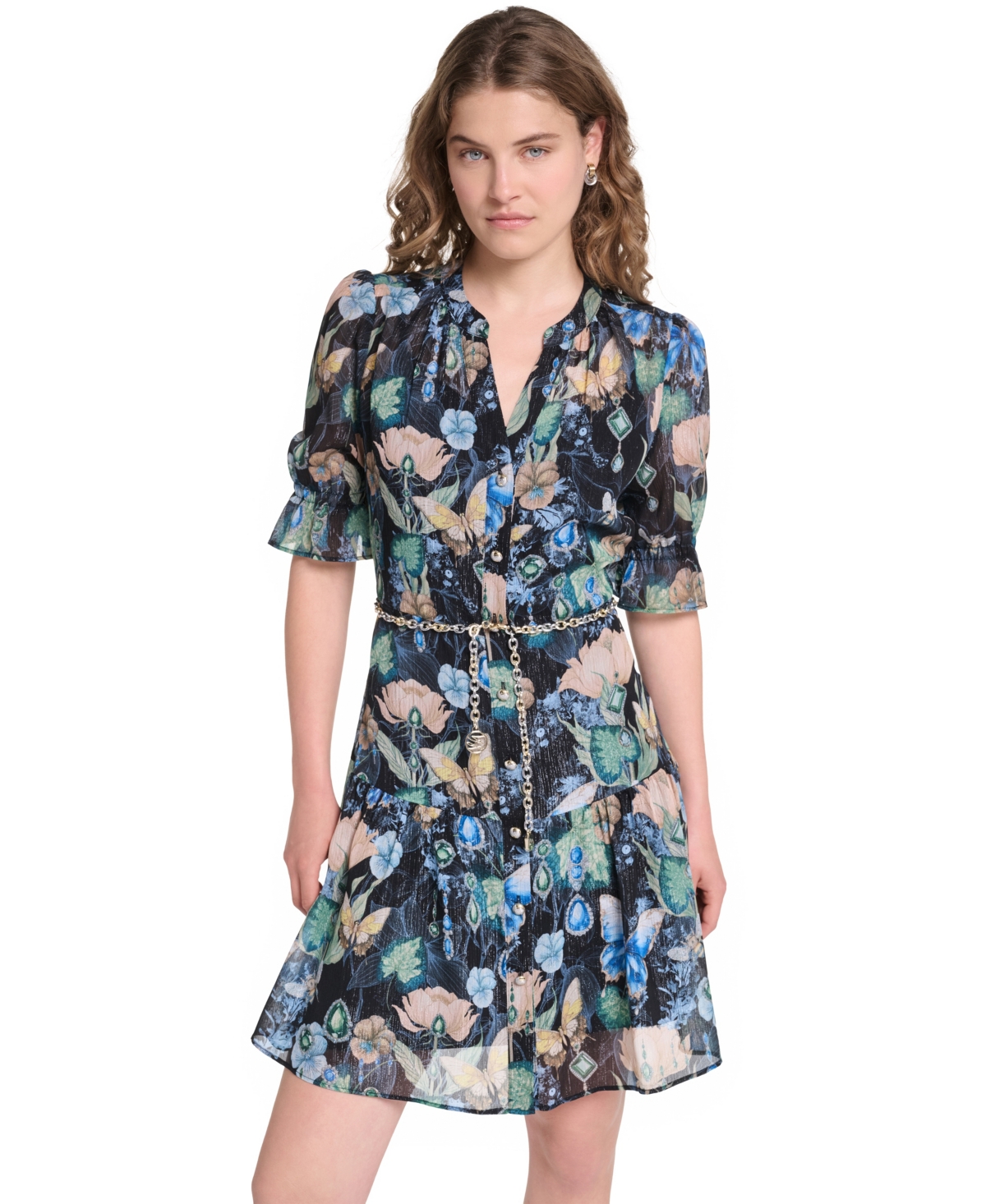 Karl Lagerfeld Paris Petite Belted V-Neck Dress