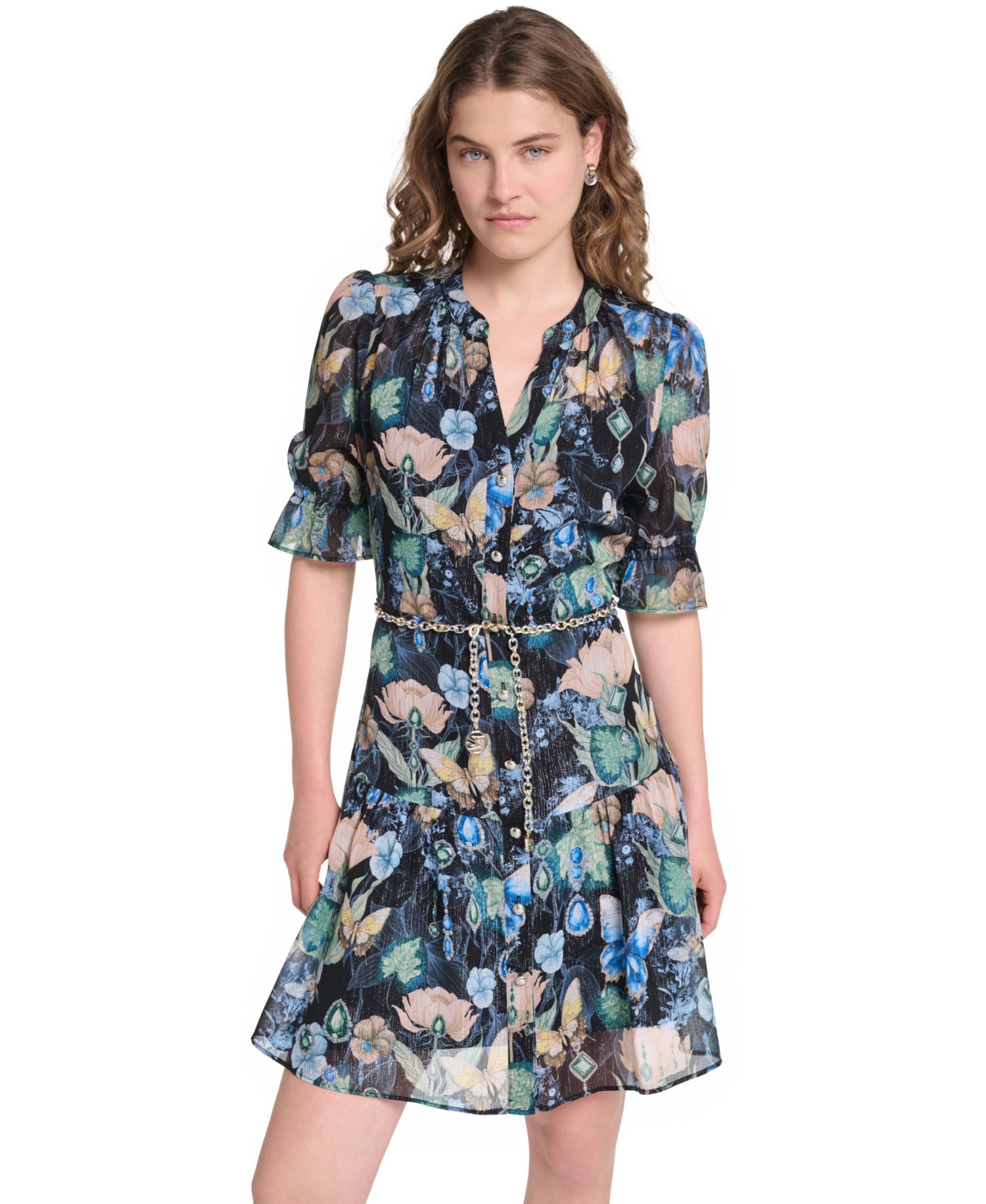 Petite Metallic Crinkle Chain Belt Button-Front Dress