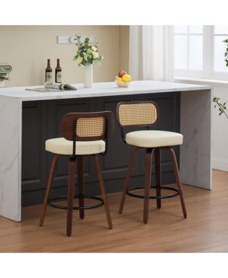 Set of 2 Counter Height Bar Stools 26 Inch Rattan Counter Height Stools with Cane Back, Upholstered Seat