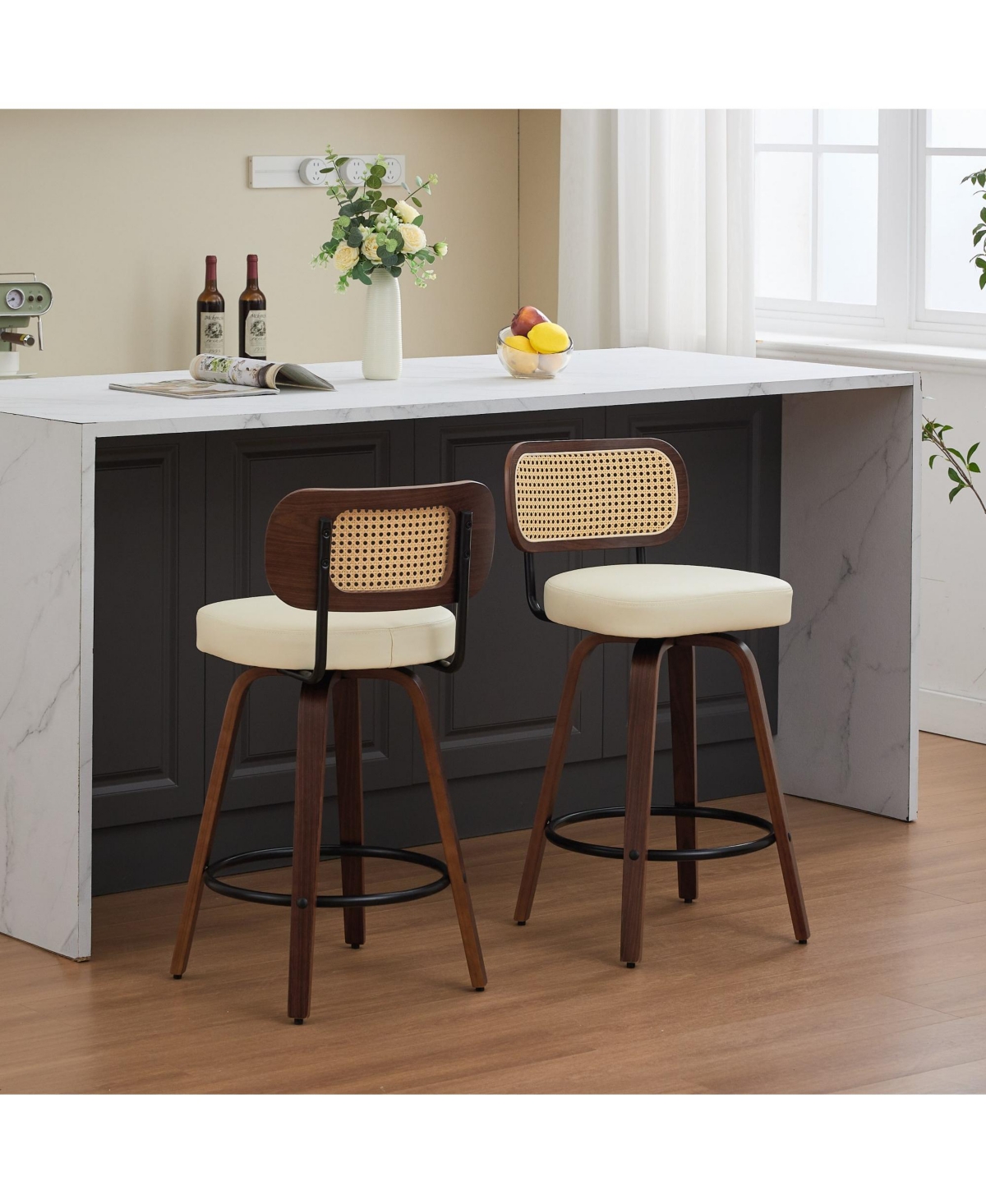 Clihome Set of 2 Counter Height Bar Stools 26 Inch Rattan with Cane Back, Upholstered Seat