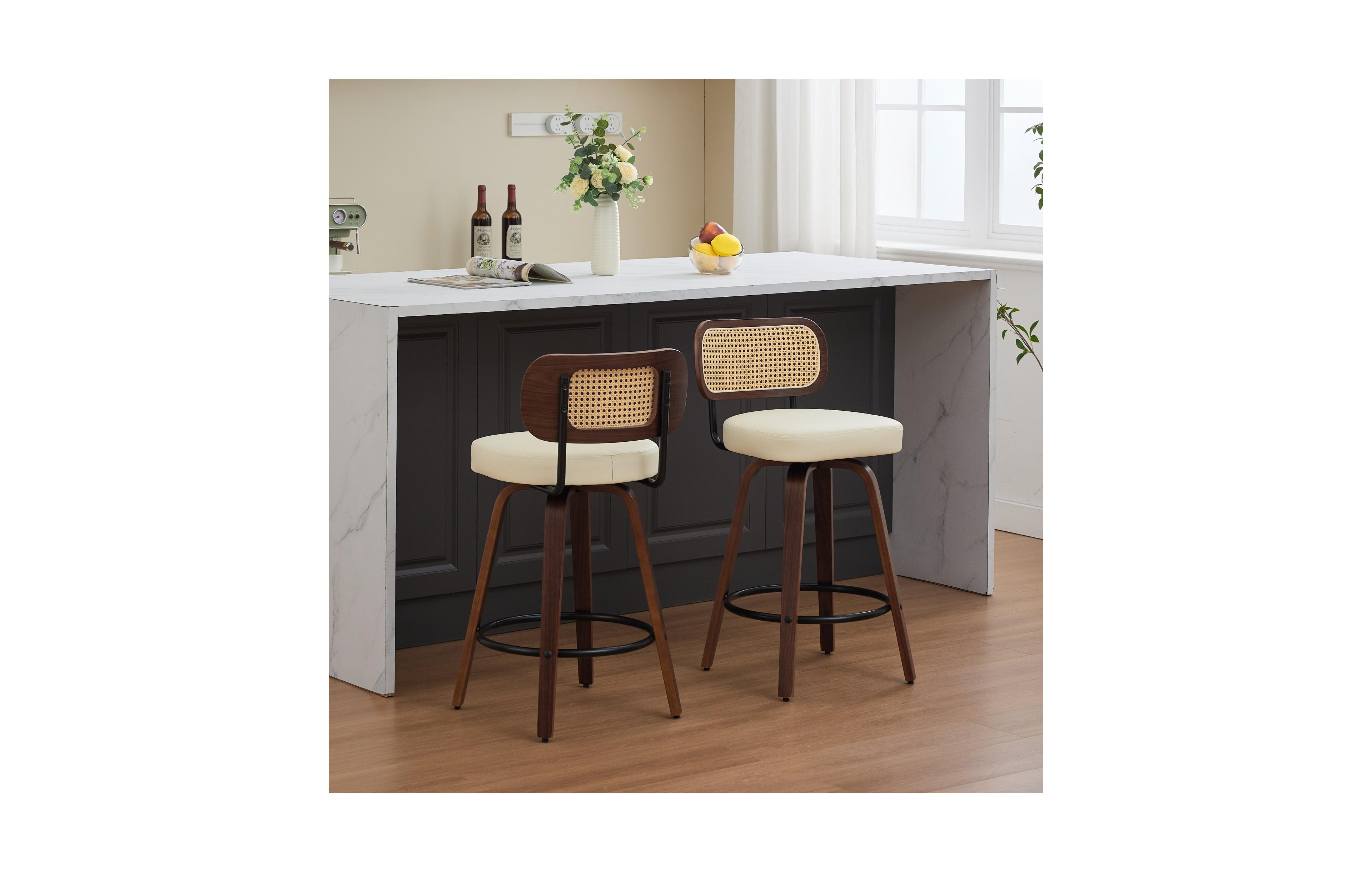 Clihome Set of 2 Counter Height Bar Stools 26 Inch Rattan with Cane Back, Upholstered Seat