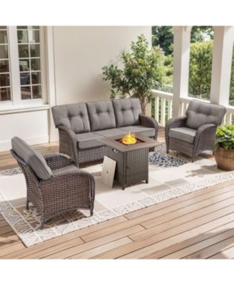 4 Piece Wicker Outdoor Furniture Set with Square Fire Pit Table, Outside Patio Deep Seating Conversation Set with 5-inch Thick Cushion