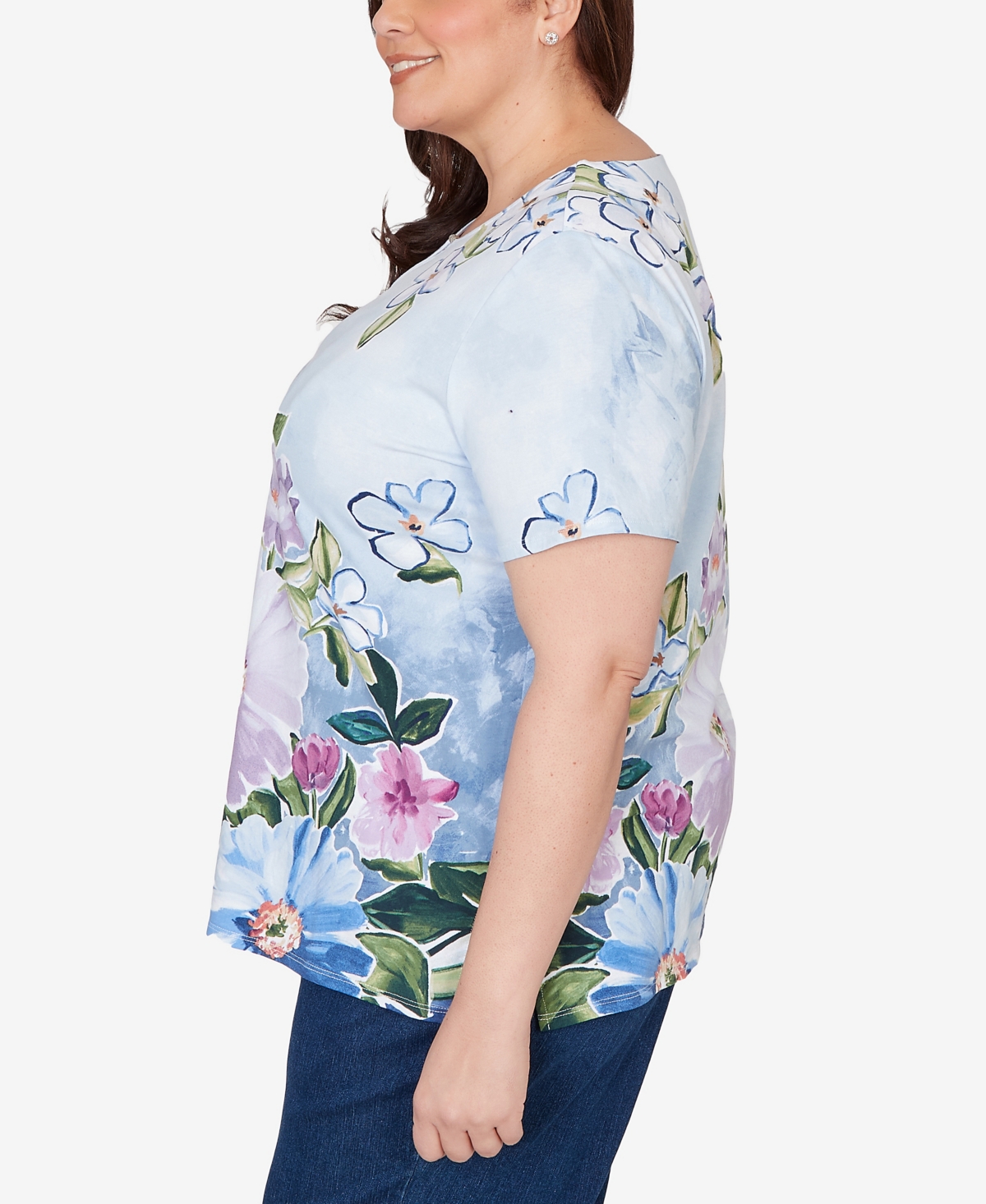 Alfred Dunner Plus Size Artisan Floral Split Neck T-Shirt
