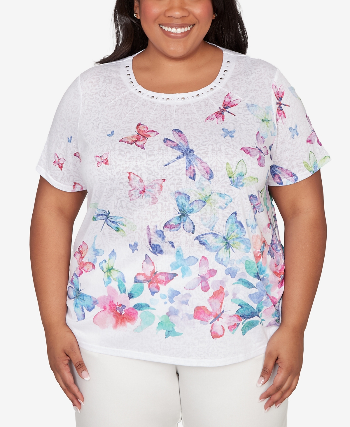 Alfred Dunner Plus Butterfly Beaded Side Tie Ruched T-Shirt