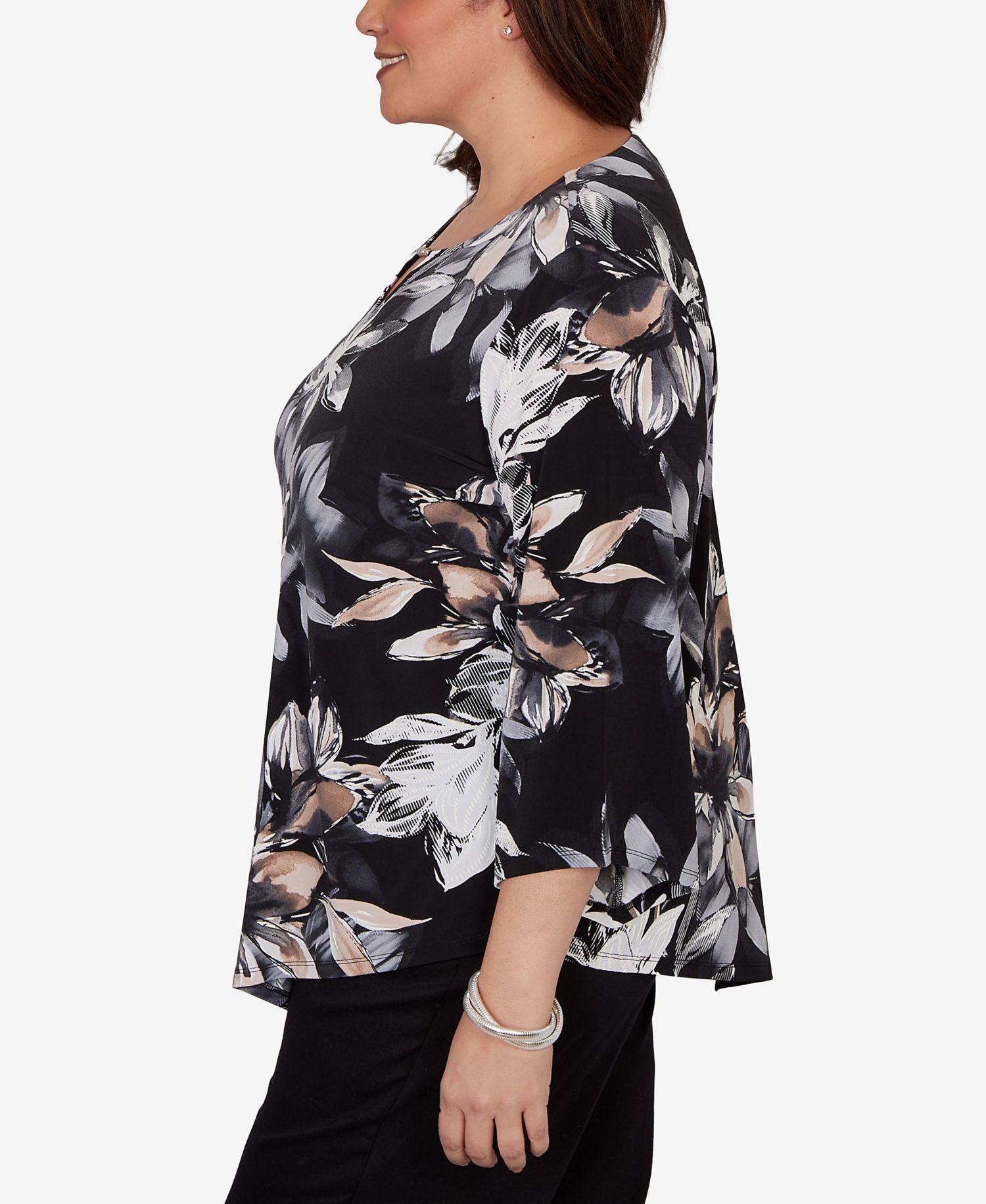 Plus Size Watercolor Floral Puff Printed Top