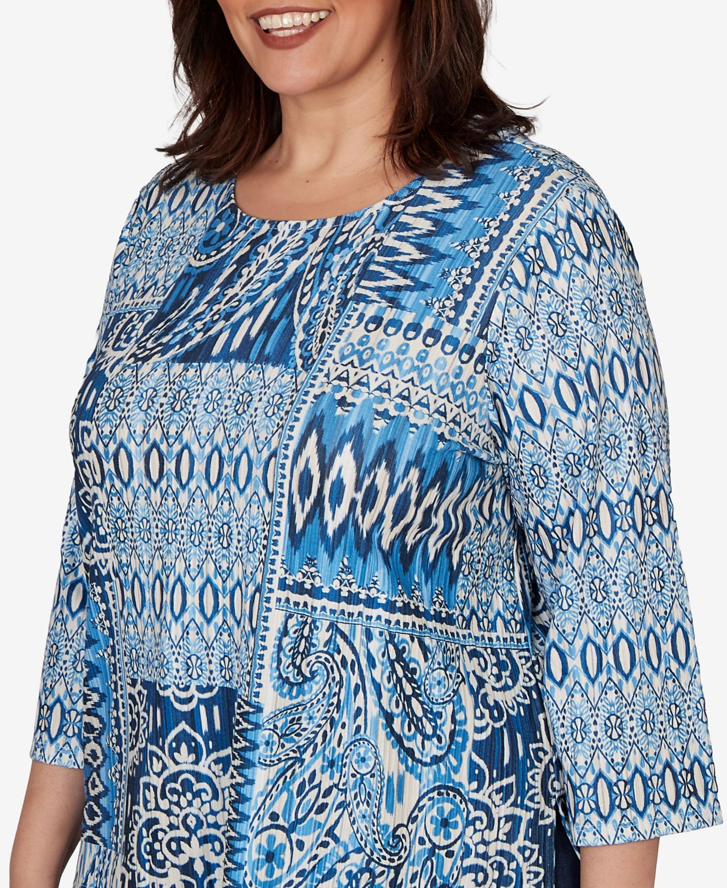 Plus Size Medallion Navy Patchwork Knit Top