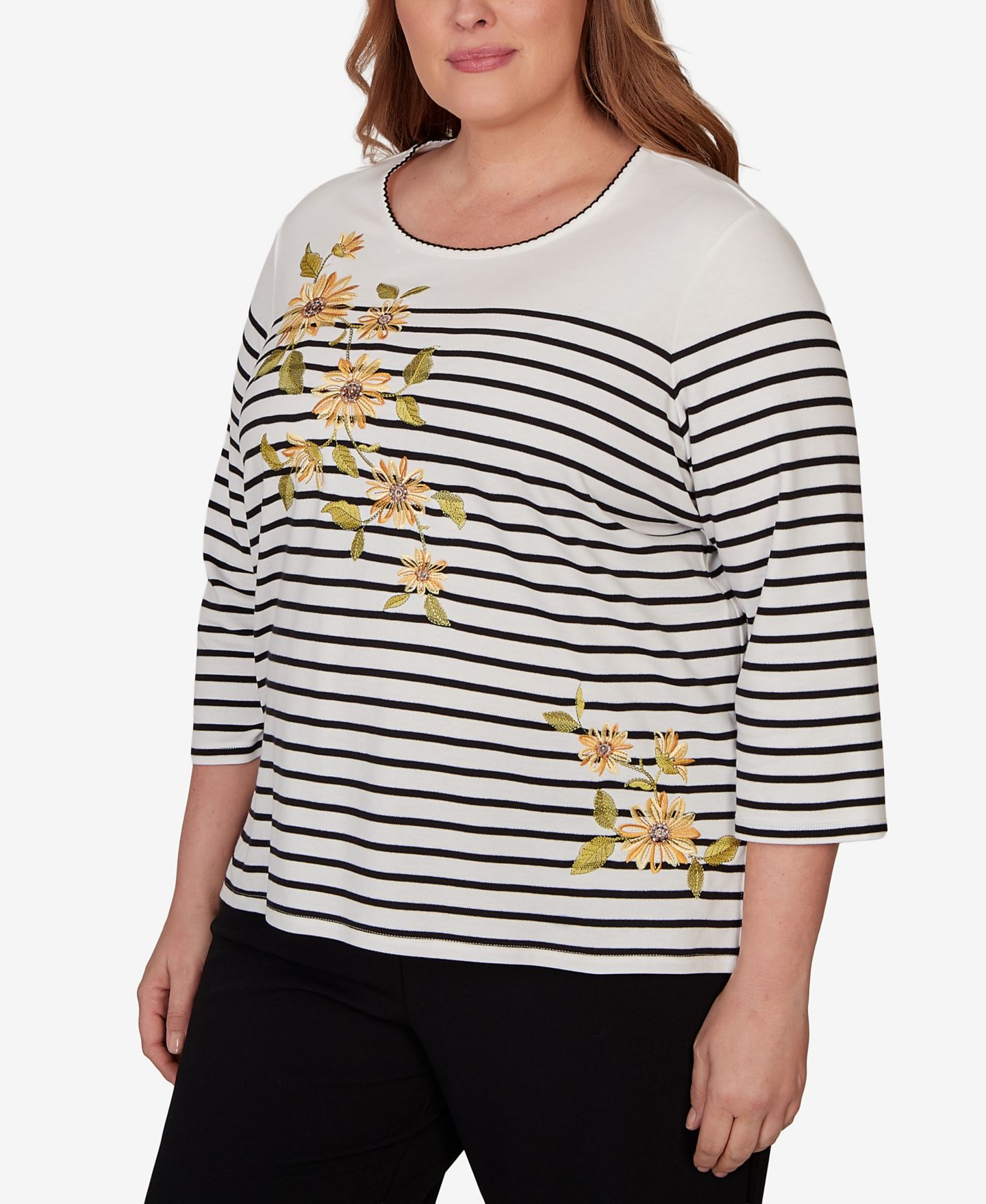 Женский топ Alfred Dunner Plus Size Sunflower Stripe Knit, цвет: Чёрный / Белый — фото 2