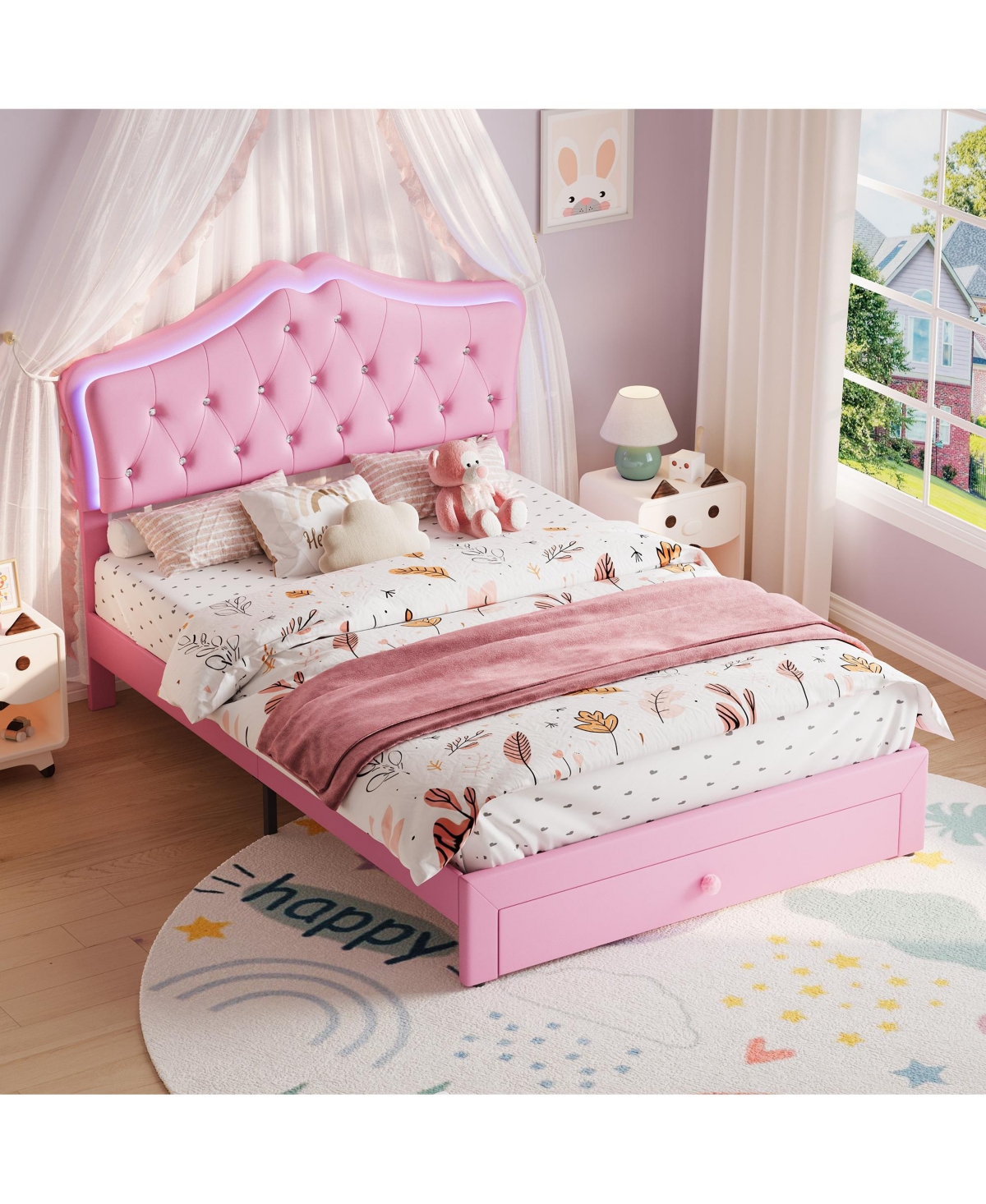homfan Led Headboard Platform Bed, Tufted Bed Frame with Storage Drawer for Kids Room and Teens Room