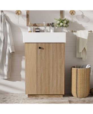 21.6" Rustic MDF Bathroom Vanity With Ceramic Sink, left Door Shelves, Soft-Close Overflow Storage