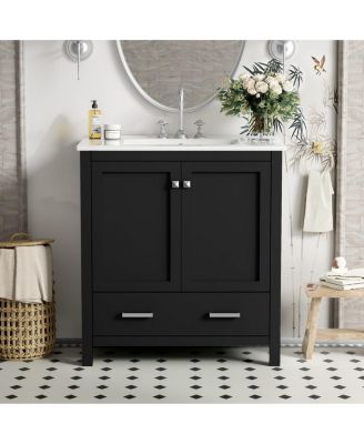 30" Modern Solid Wood MDF Vanity With Ceramic Sink, 2 Doors And 1 Drawer Soft-Close, Cabinet Sink