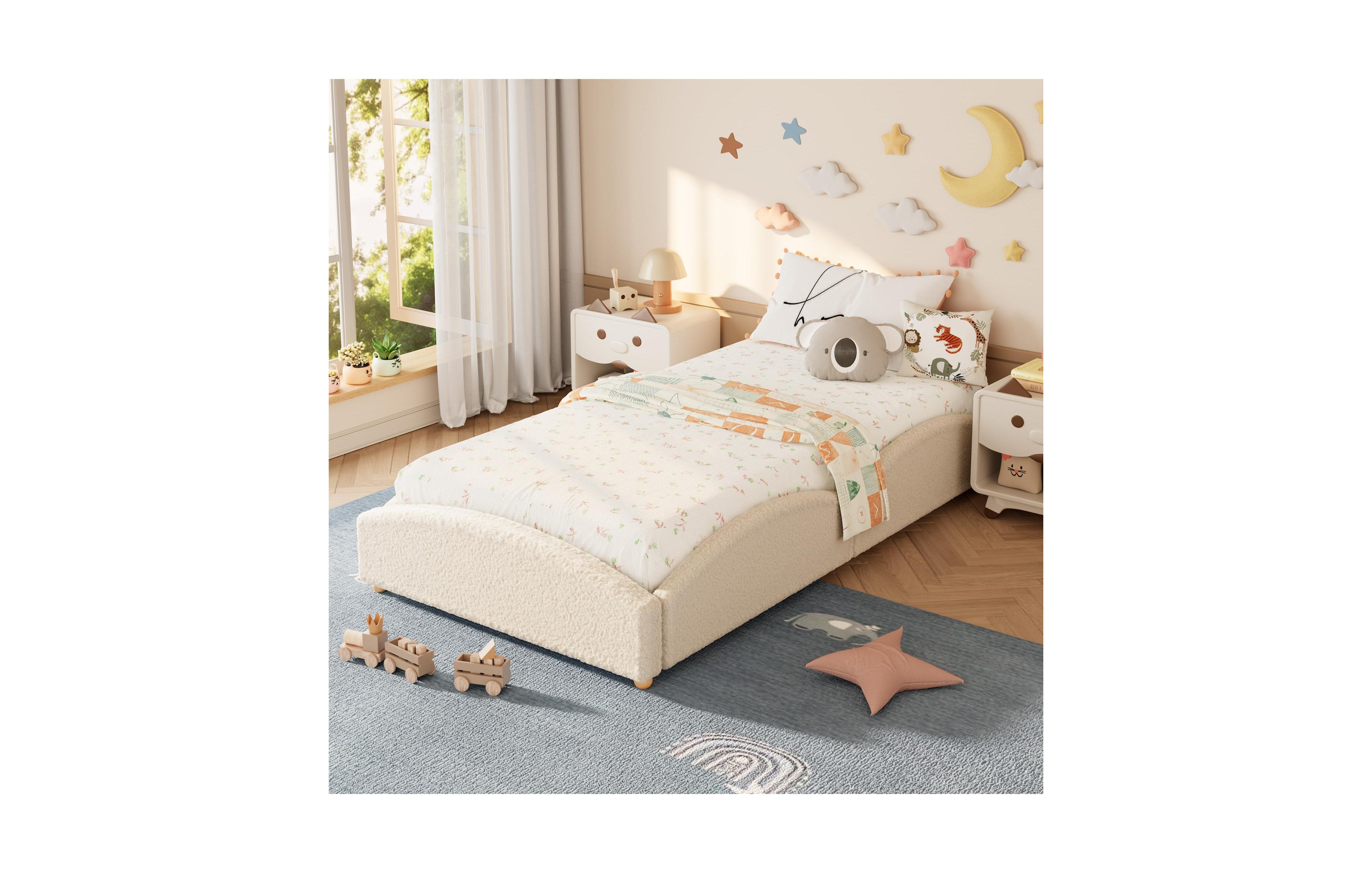 homfan Upholstered Floor Bed for Kids, Teddy Fabric Soft Frame with Cloud Shaped Guardrails