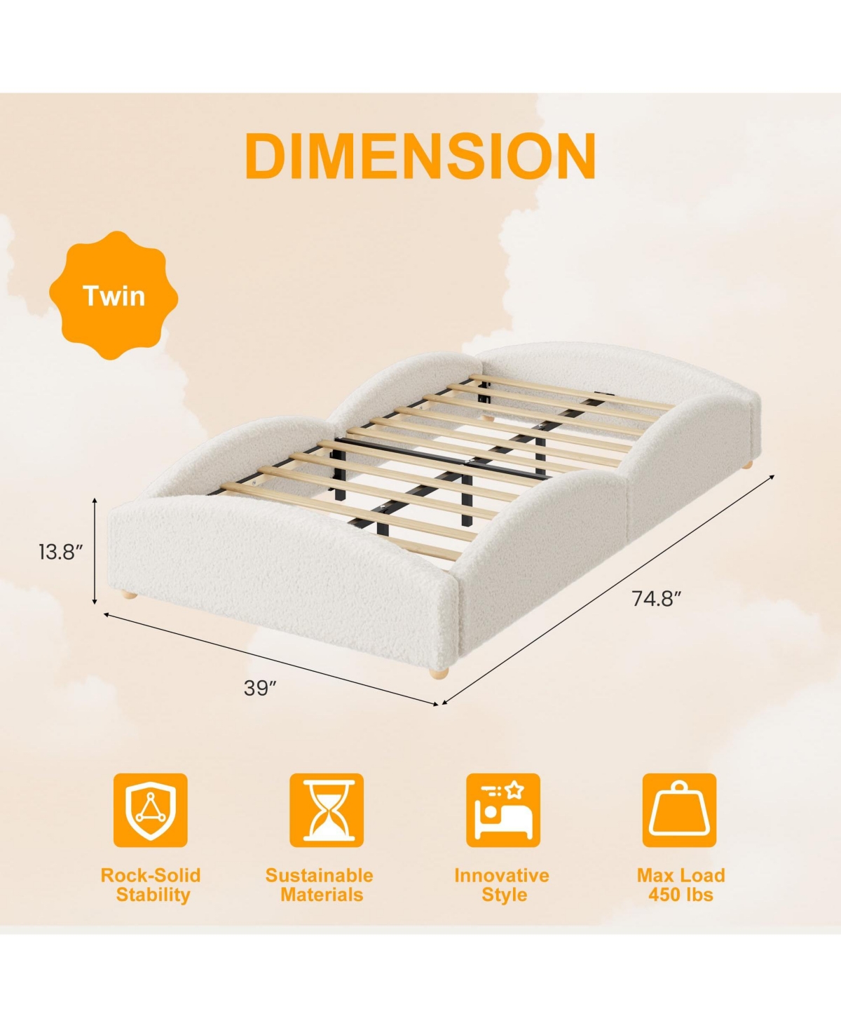 homfan Upholstered Floor Bed for Kids, Teddy Fabric Soft Frame with Cloud Shaped Guardrails