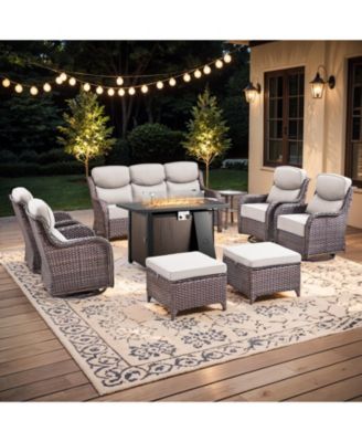 9 Pieces Patio Furniture Set, Outdoor Wicker Sofa Couch with Rocking Swivel Chairs Fire Pit Table, Modern Deep Seat Rattan Conversation Sets