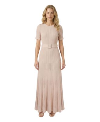 Women's Ribbed Knit Belted Pleated Midi Dress