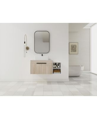 Wall Mounted Bathroom Vanity with Ceramic Vessel Sink, Side Storage Shelf, Soft Close Doors, Modern Floating Cabinet