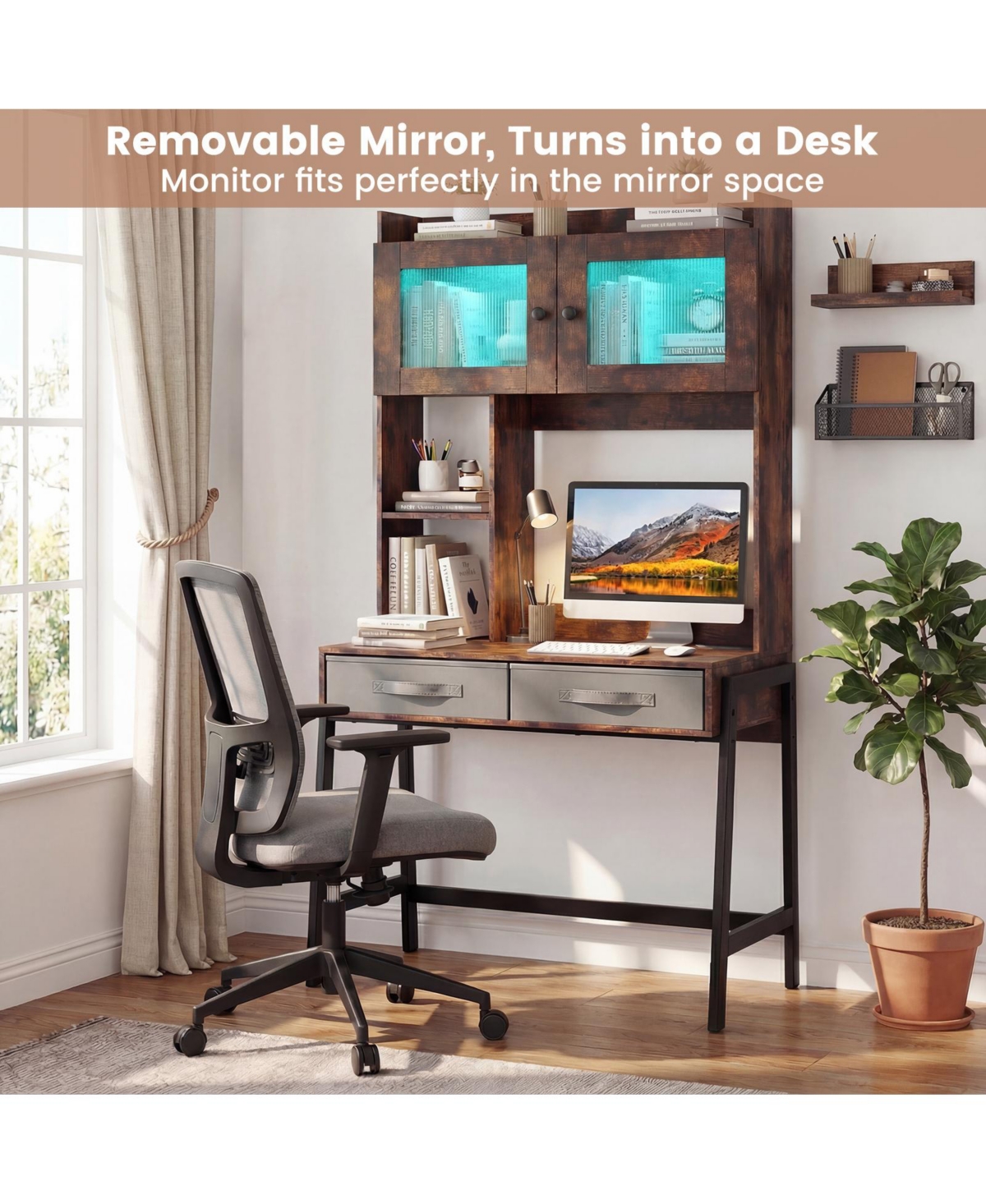 Volenca Vanity Desk with Rotatable Mirror, 3-Color Lights, and Charging Station