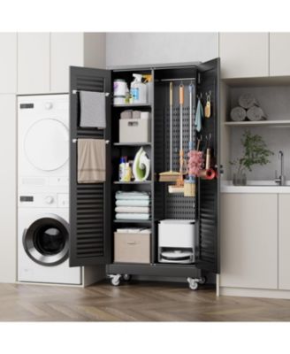 71" Metal Broom Closet with Wheels, Lockable Cleaning Cabinet with Pegboard and Louvered Doors for Garage