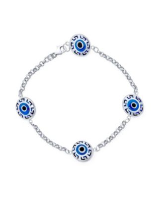 Turkish Protection Evil Eye Multi Charms Bracelet with Greek Motif .925 Sterling Silver 7.5inch