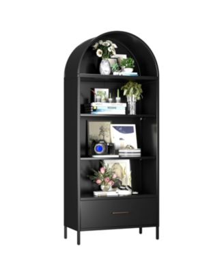 Metal Arched Bookcase Cabinet with Drawer, Tall Bookshelf and Adjustable Shelves for Home Office